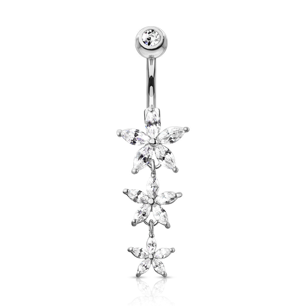 Triple Marquise CZ Flowers Dangle with Gemmed Top 316L Surgical Steel Belly Button Navel Rings
